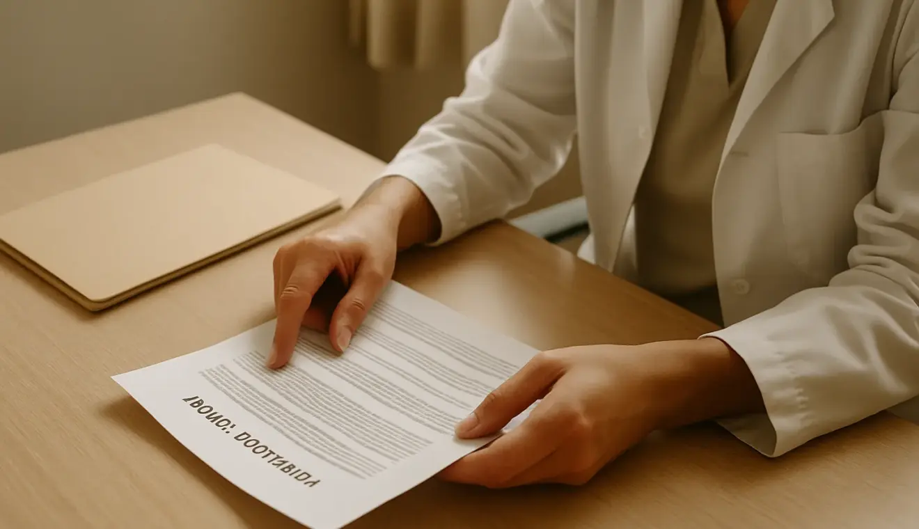 Des mains consultent un compte rendu médical posé dans une salle de consultation.