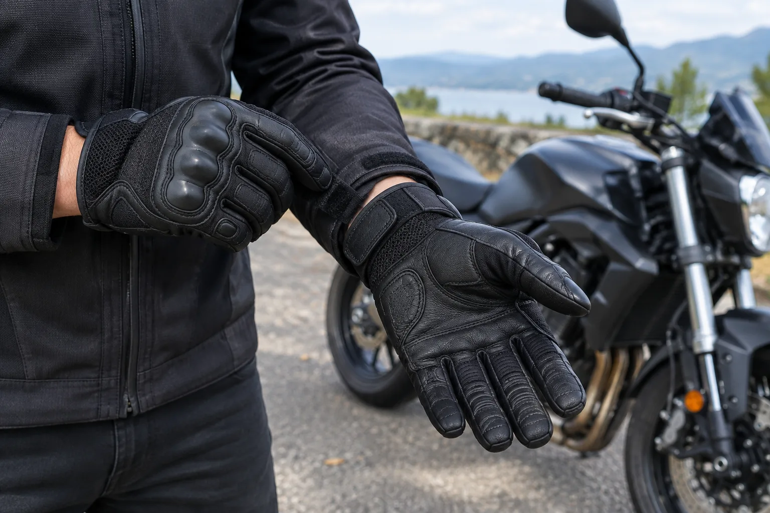Une personne vérifie ses gants près d’une moto stationnée avant un trajet.