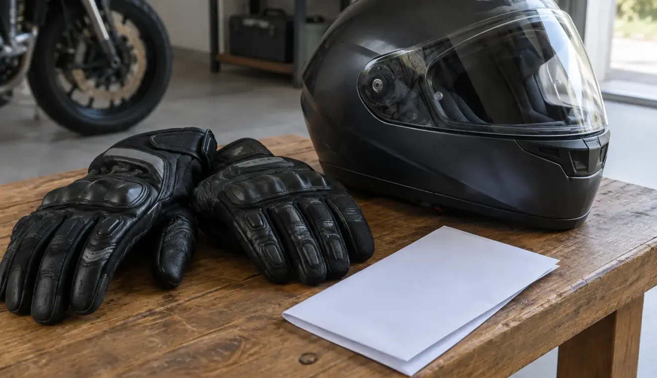 Des gants de moto et un casque posés près d’un courrier de rendez-vous médical.