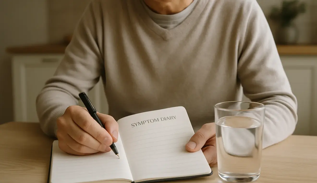Une personne note des changements de santé dans un carnet posé sur une table.