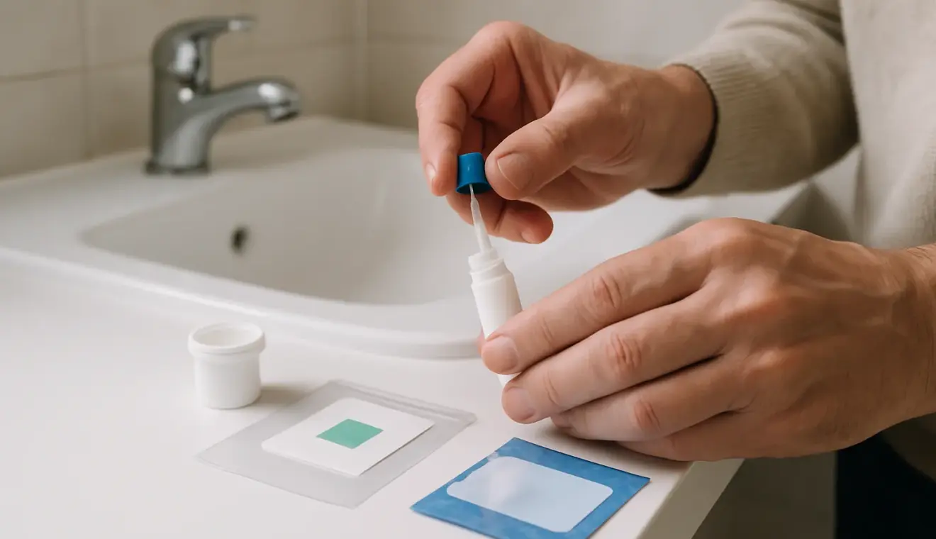 Mains préparant un kit de test immunologique de dépistage sur un plan de toilette propre.